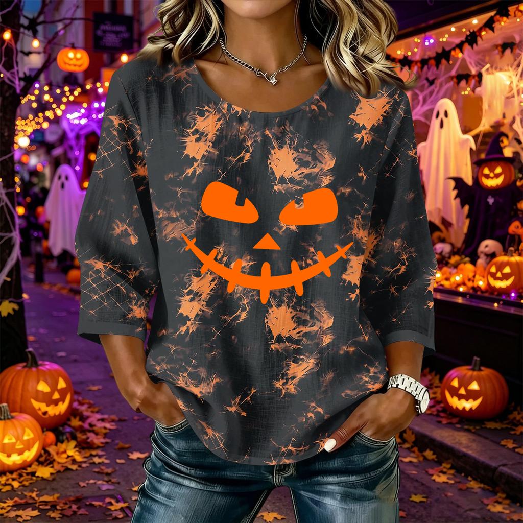 Women's fashionable casual Halloween print round-neck short-sleeved cotton and linen top