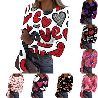 Women's Casual And Fashionable Round,neck Long,sleeved Ribbed Top With Valentine's Day Print.