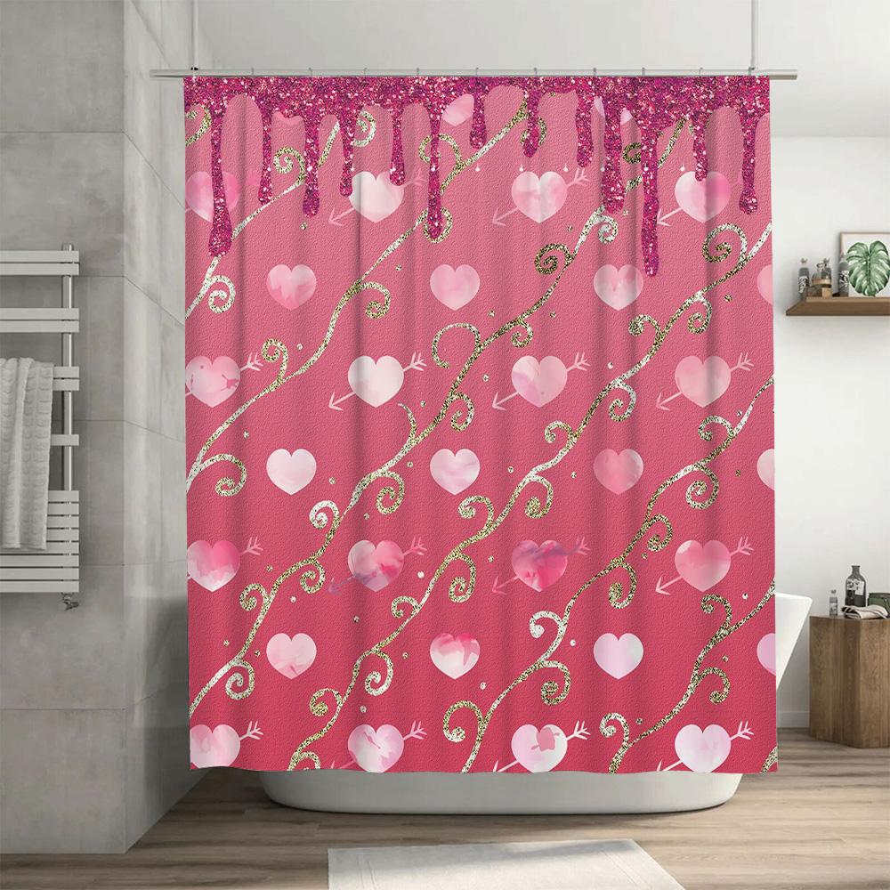 Romantic Heart Print Shower Curtain Pink Gold Waterproof Fabric With Glittery Drip Design For Bathroom Decor
