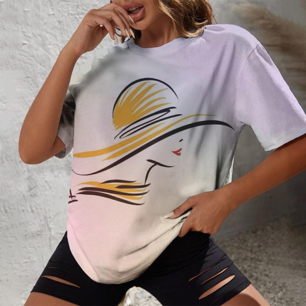 

Летняя уличная повседневная удобная повседневная женская футболка модная и минималистичная с нарисованным от руки портретом и круглым вырезом 3XL