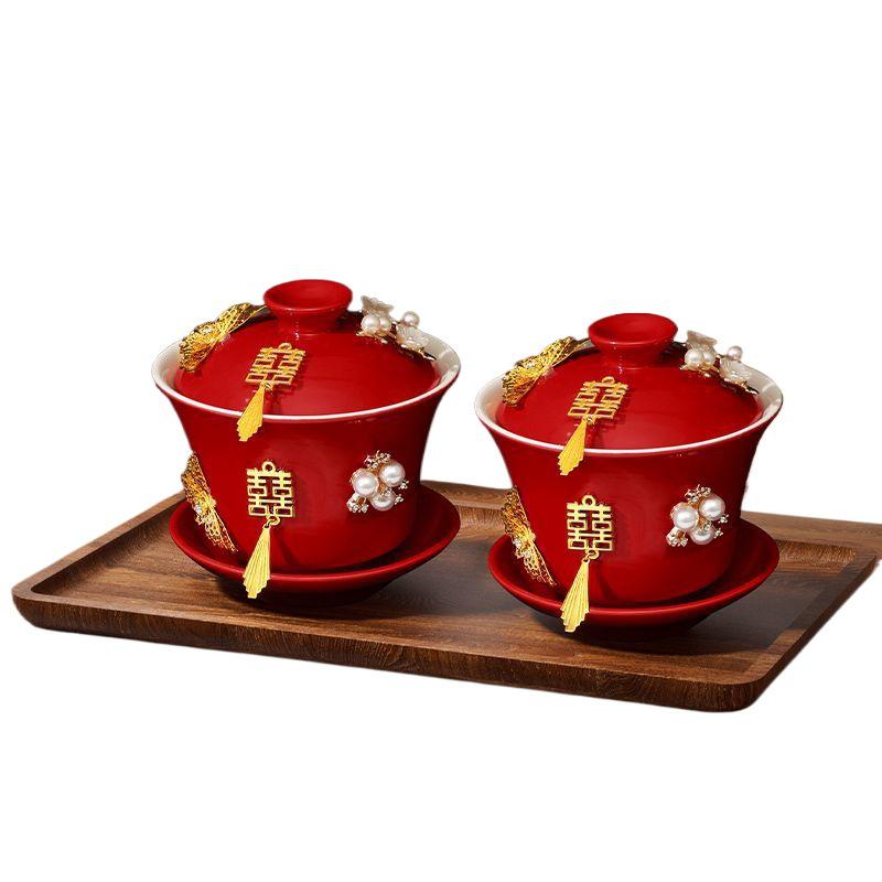 Double Happiness Butterfly Love Teacup Set: Wedding Bowls, Red Tea Set, Chopstick Pair, Dowry Gift