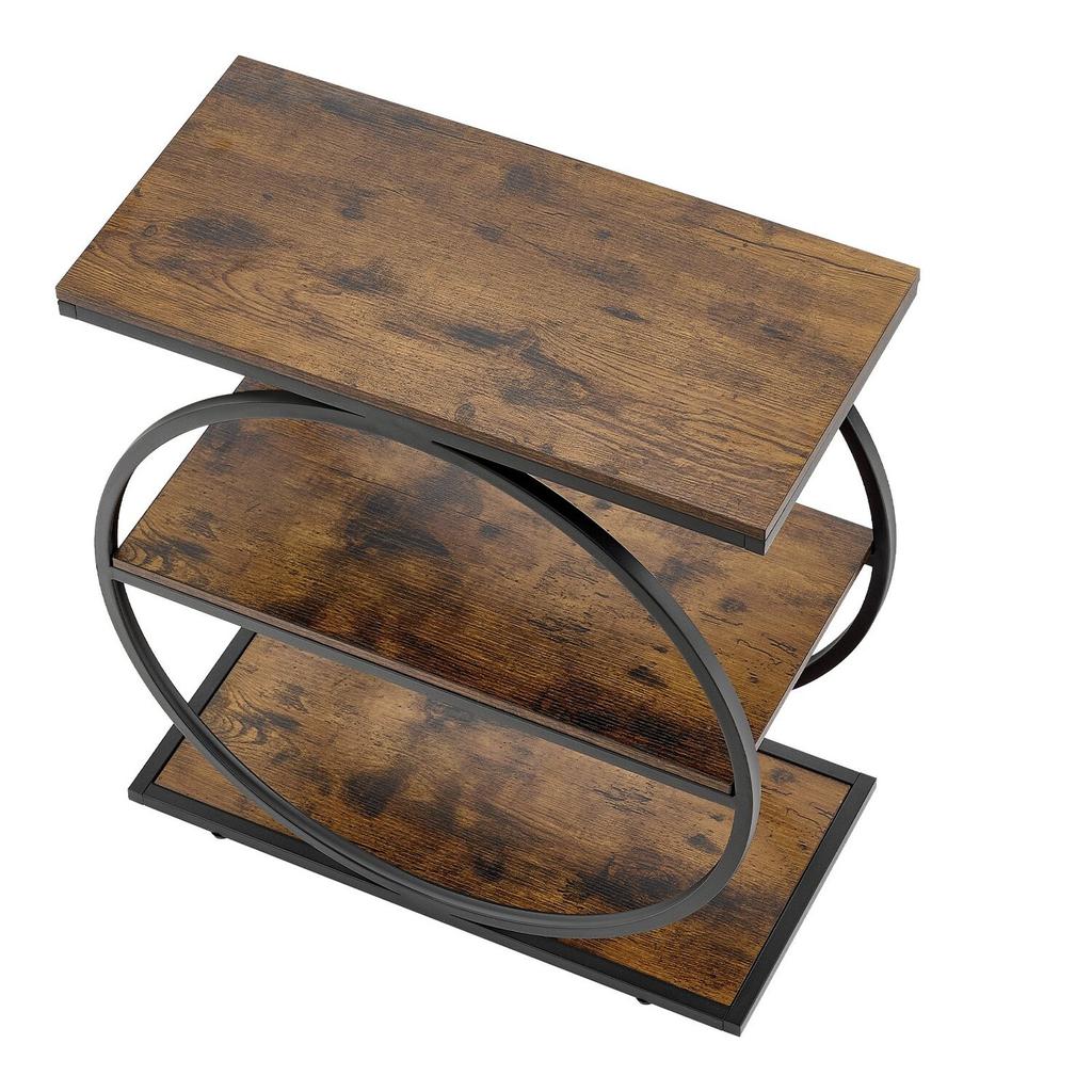 End Table, 3-Tier Narrow Side Table with Open Storage Shelves, Modern Nightstand Bedside Desk with Round Metal Frame, Wood Sofa Coffee Desk for Living