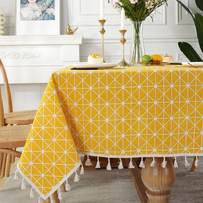 Nappe de table rectangulaire brodée en coton et lin, style vintage, simple, avec pompons, décorations