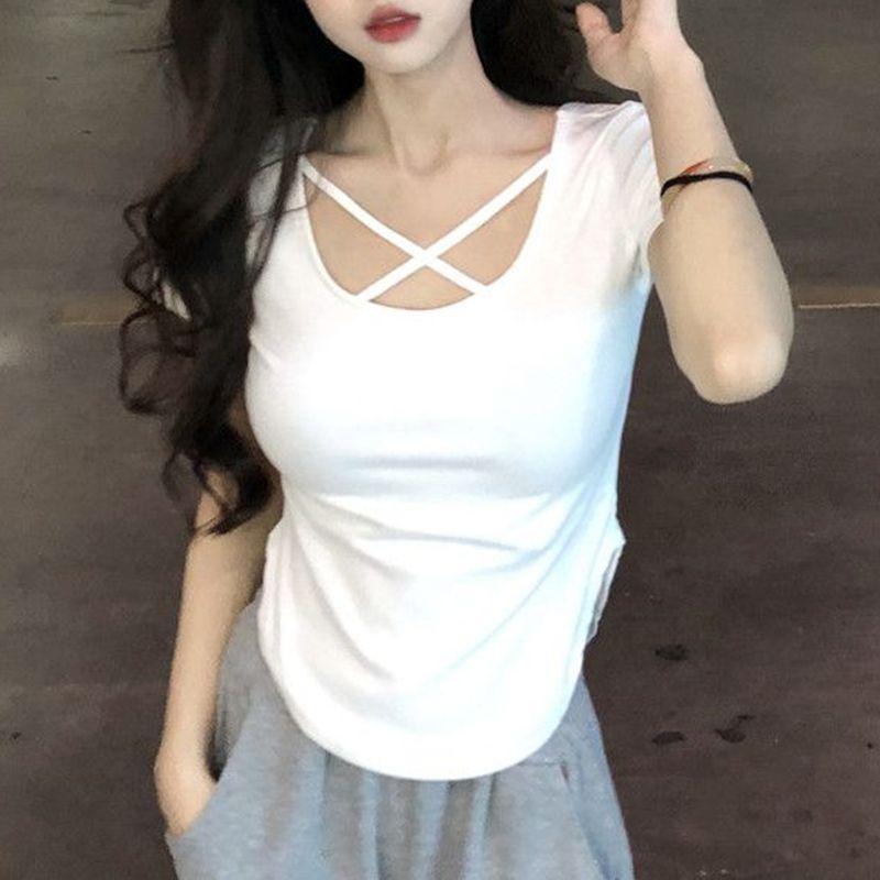 

Женская футболка с U-образным вырезом, перекрещенная, с коротким рукавом, из чистого хлопка, для весны и лета. Новый дизайн, облегающий крой, короткий топ в чистом стиле. XXL белый