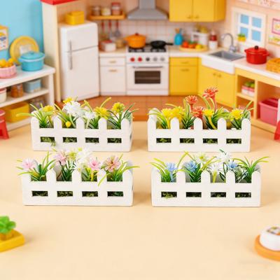 Mini Flower Bed Planter 1:12 Scale Miniature Wooden Fence Flower Pot Set Handcrafted Picket Fencing Planters for Doll Houses Garden Village