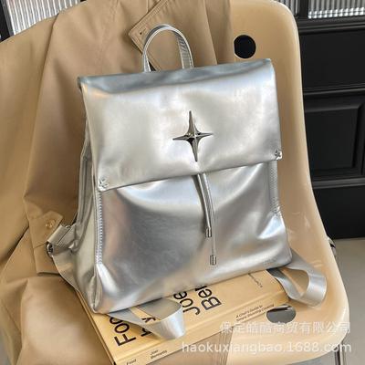 Korean Silver Backpack Female Versatile 2025 New Trendy Fashion Large Capacity Student Commuter Schoolbag Travel Backpack