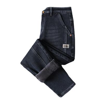 Frühlings-Herren-Stretchjeans mit Plüsch, normale, schmal geschnittene, gerade Röhre, Plüsch-Denim-Herrenhose, trendige Marke