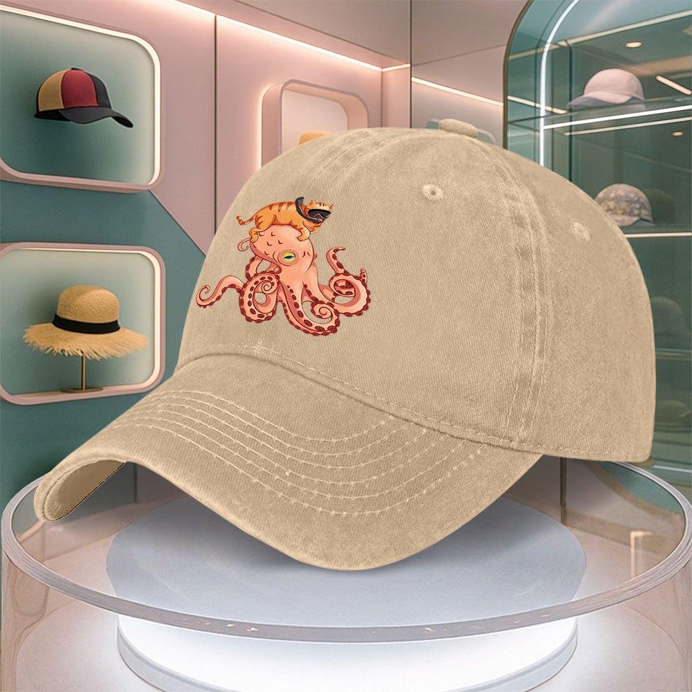 Diving Cat Octopus Print Baseball Cap For Men Women Vintage Curved Brim Duckbill Hat Adjustable Multiple Colors