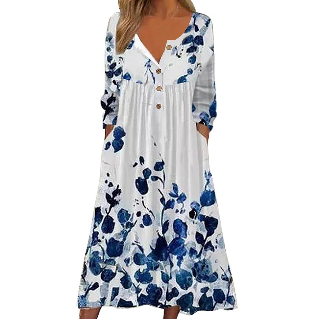 Ladies Casual Fashion Printed Round Neck Button Long Sleeve Dress With Pockets