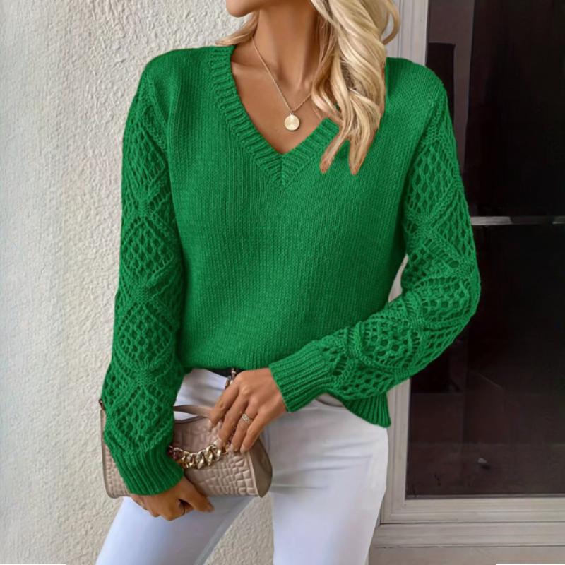 Spring and Autumn Jacket Hollow Knitted Sweater Women's Pullover Long-sleeved Crochet Jacquard Loose V-neck Bottoming Top
