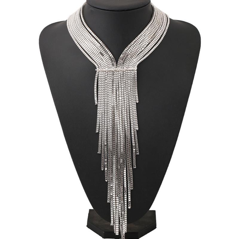 Rhinestone Fashionable Decorative Long Tassel Design Women Necklace Metal