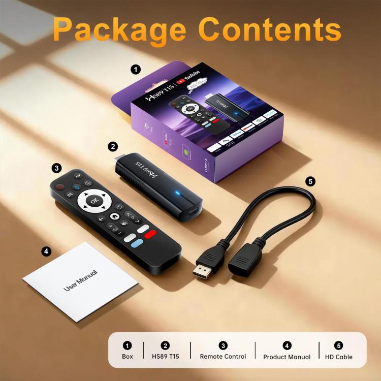 HS89 T15 Android 14 Mini HD TV Stick with Remote Control, RK3539 Cortex-A55 Quad-Core