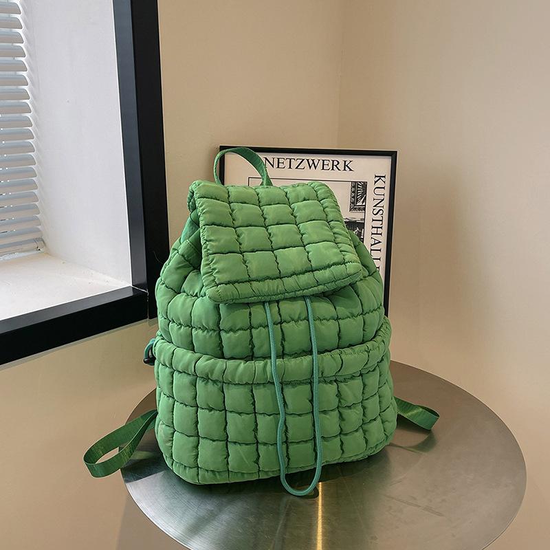 Niche casual simple design women's summer wind backpack pleated cloud fashion down cotton plaid drawstring backpack