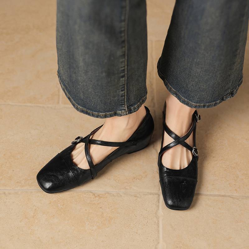 Krazing Pot Sheepskin Round Toe Thick Low Heels Spring Shoes Buckle Big Size 42 Women Mary Janes Pumps