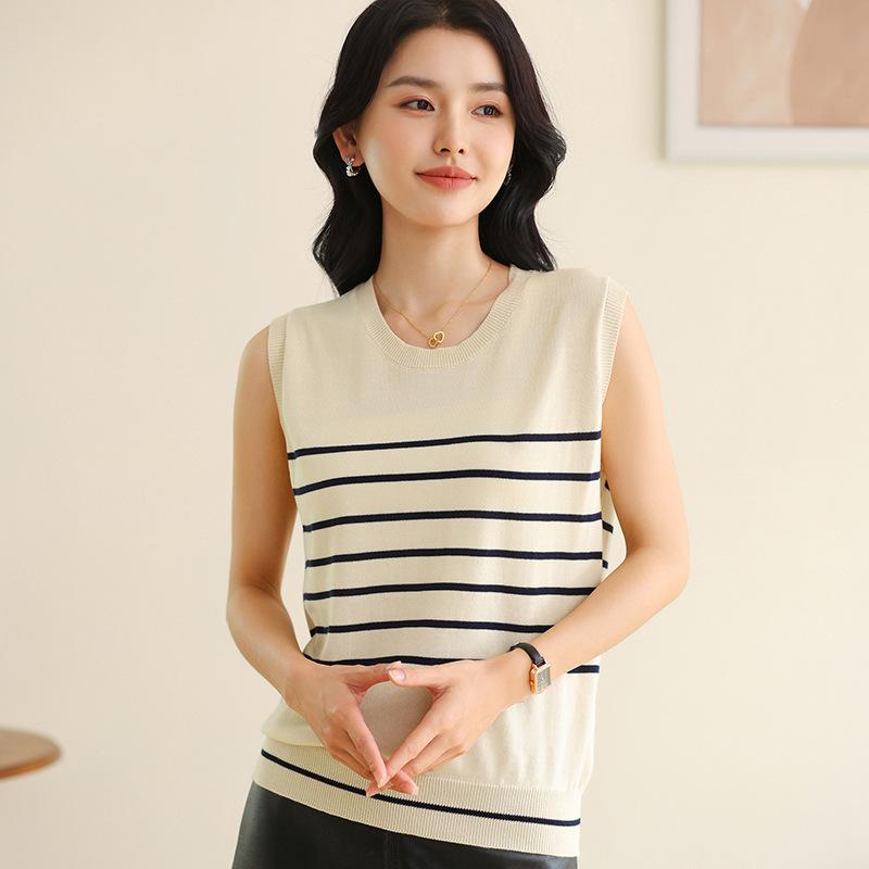 Damen Rundhals Ärmellos Locker Geschnitten Gestreift Baumwollstrick Tanktop Bluse