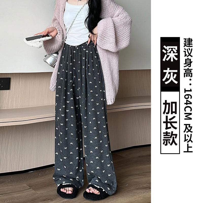 Grey Bow Glutinous Rice Yamamoto Pants Women's Spring and Autumn Vertical Straight Tube Small Lazy Casual Wide-leg Pants