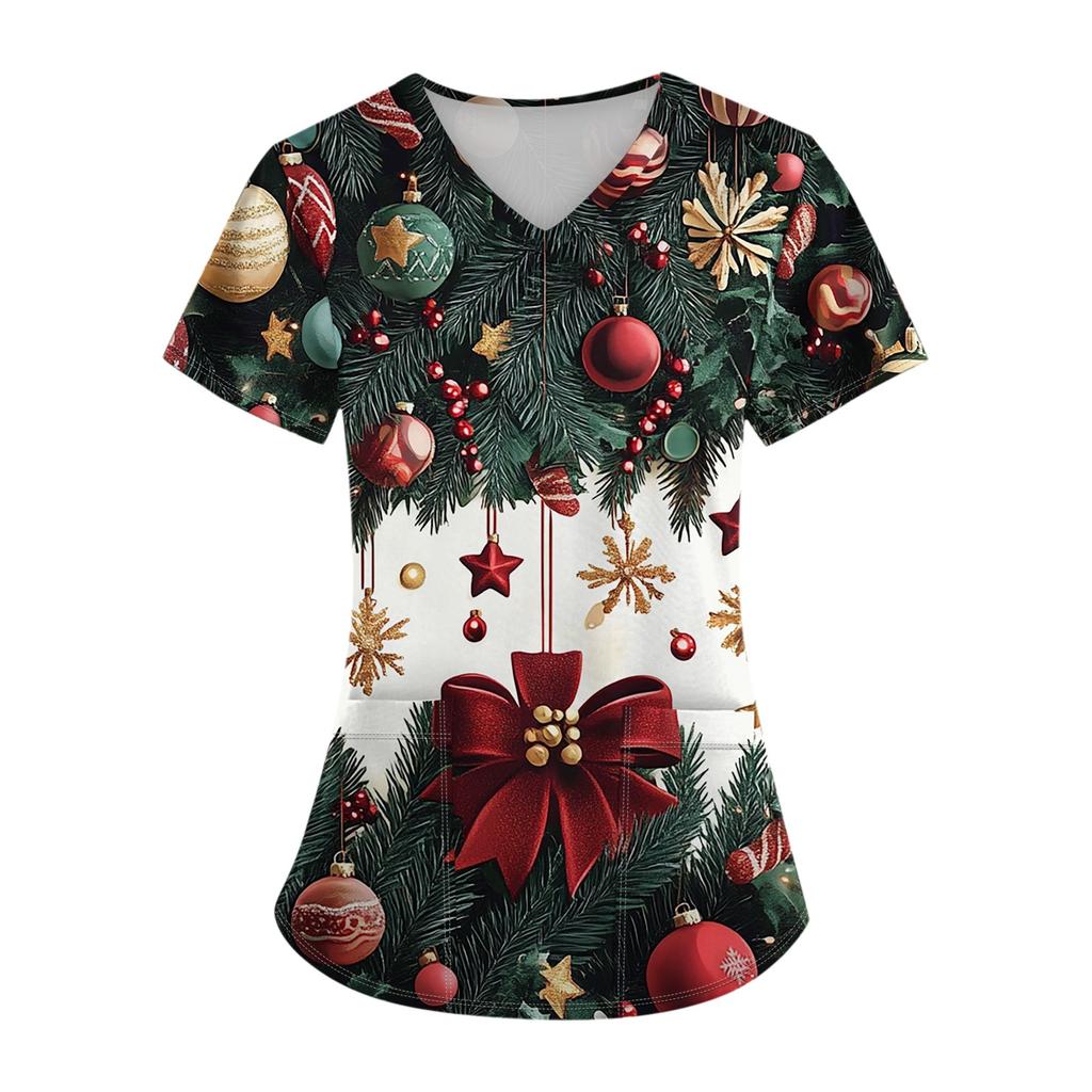 Ladies Short Sleeve Cross V Neck  Print Pocket Top