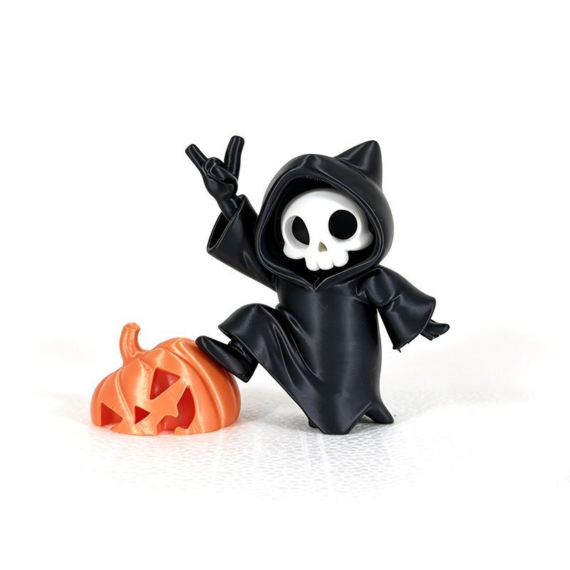 1Pcs Halloween Skeleton Ghost Figurine With Pumpkin Decor Cute Hooded Skull Statue For Home Desktop Party Ornament Gift