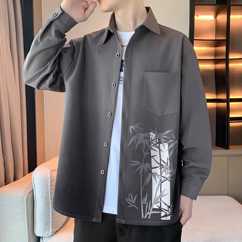 

Весна и осень, новая мужская универсальная повседневная рубашка в китайском стиле с длинными рукавами и градиентным принтом M серый