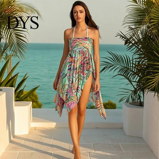 Resort Wear Cover Up Dress Slit Irregular Hem Feather Print Beach Multiway Skirt Breathable Lightweight Sun-Resistant Quick-Drying Swimwear Outerwear