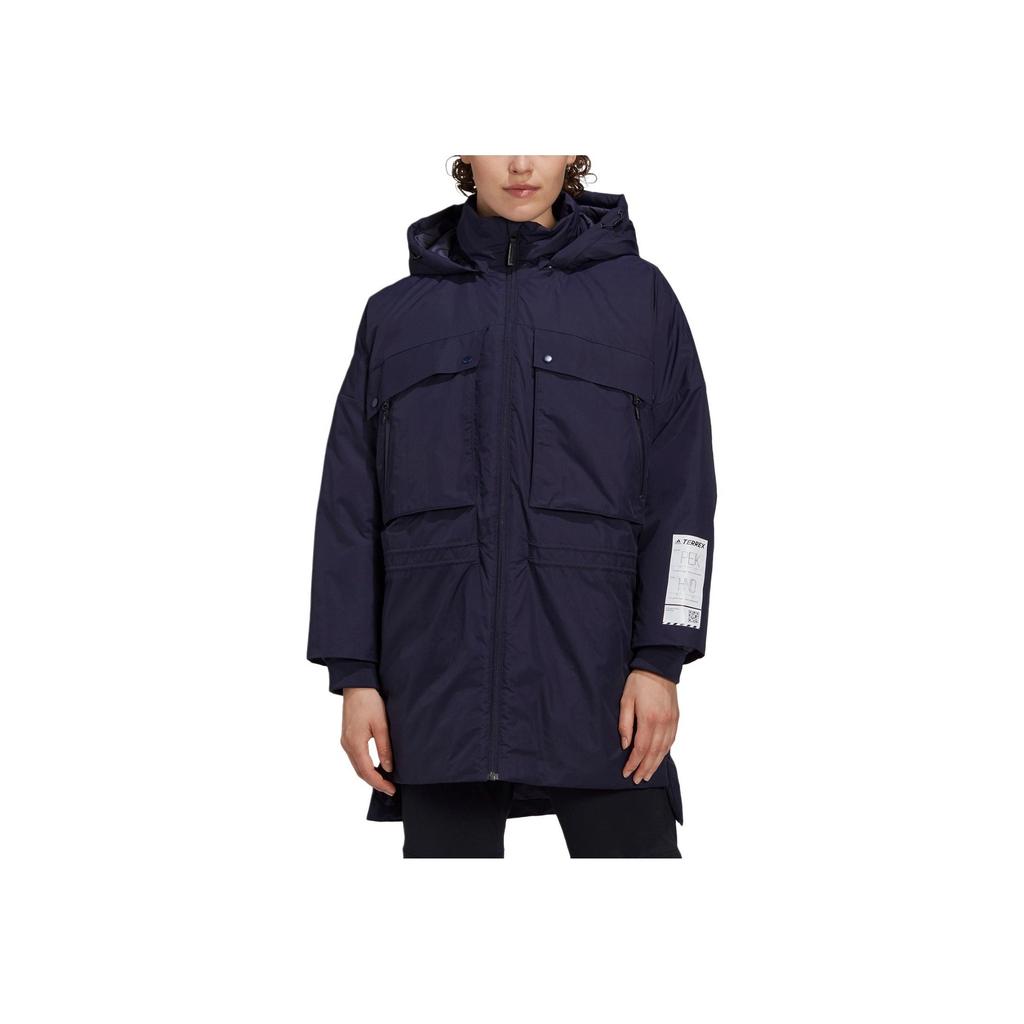 Adidas Solid Color Mid-Length Casual Hooded Down Jacket Women Outerwear Blue GE9970