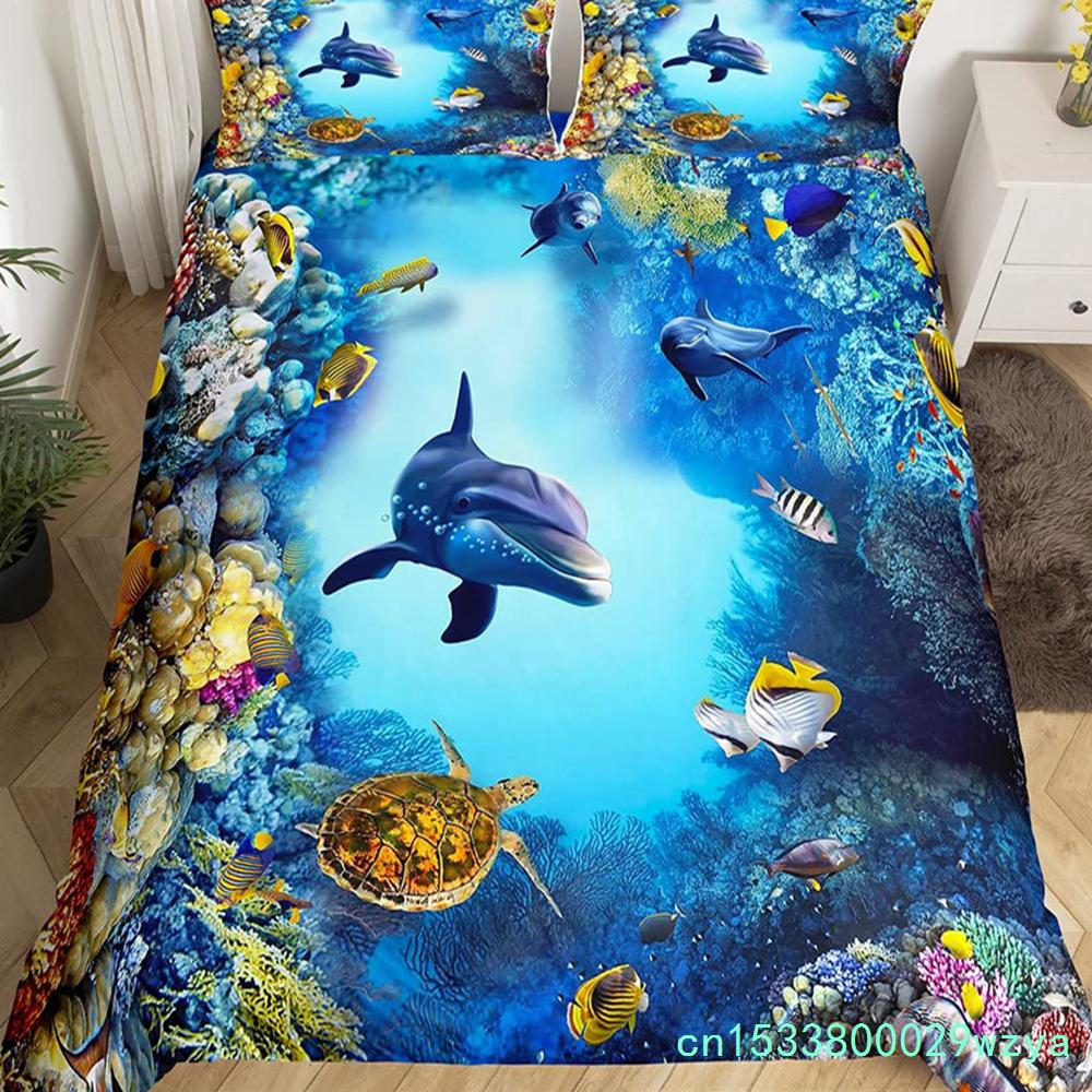 Katze Bettbezug Set Aquarell Wal Fischen Bettwäsche Set Ozean Meereswelle Bettdeckenbezug Marine Nautisch Themen Tagesdecke Bezug