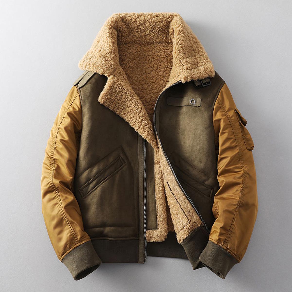 

Men s Winter Lapel Leather & Fur Color Block Jacket XL жовтий/імбирний