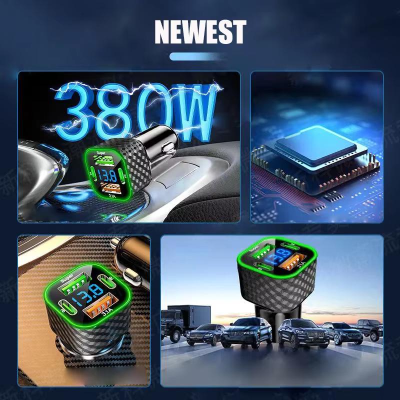 380W Car Phone Charger USB C Dual PD 4 in 1 with Voltage Display Super Fast Charge Adapter For iPhone Xiaomi Oppo Vivo Samsung