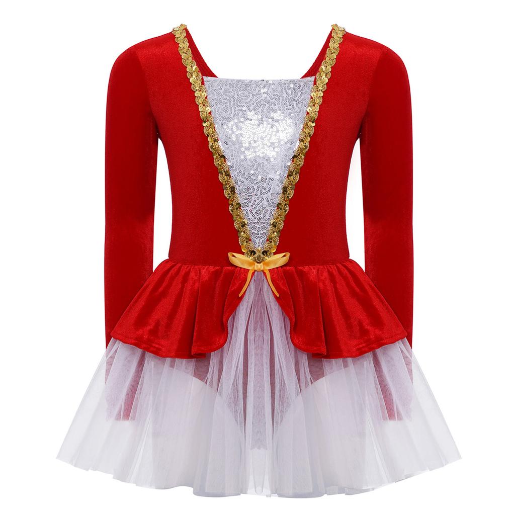 Mädchen Eiskunstlauf Performance Kleid Langarm Glitzernde Pailletten Patchwork Samt Tüllkleid Eingearbeiteter Slip Ballett Kostüm