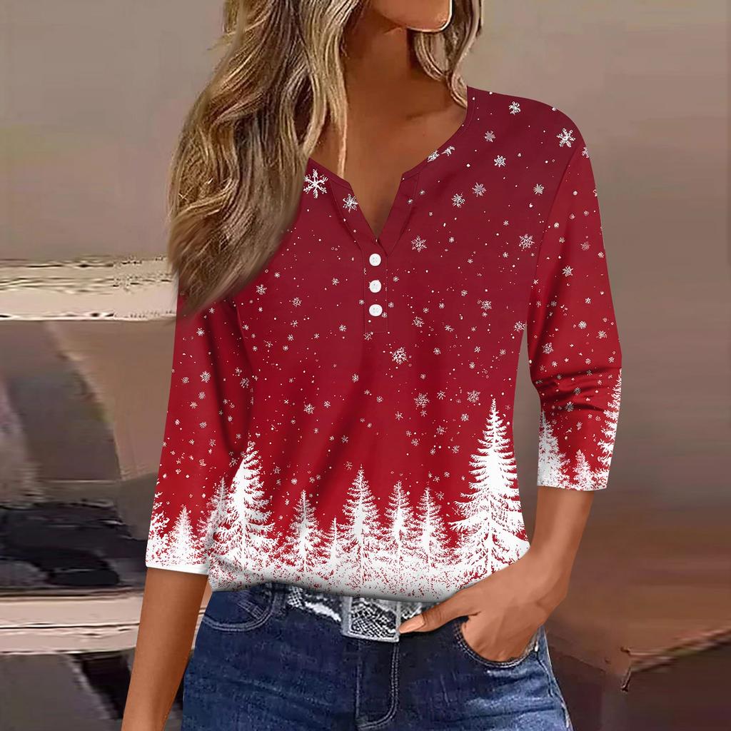 Women's T Shirt Christmas Print Button 3/4 Sleeve Daily Weekend Fashion Basic V- Neck Regular Top