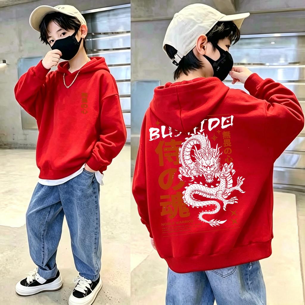 Best-selling dragon-patterned children's hooded pullover sweater for autumn and winter, featuring warm insulation.