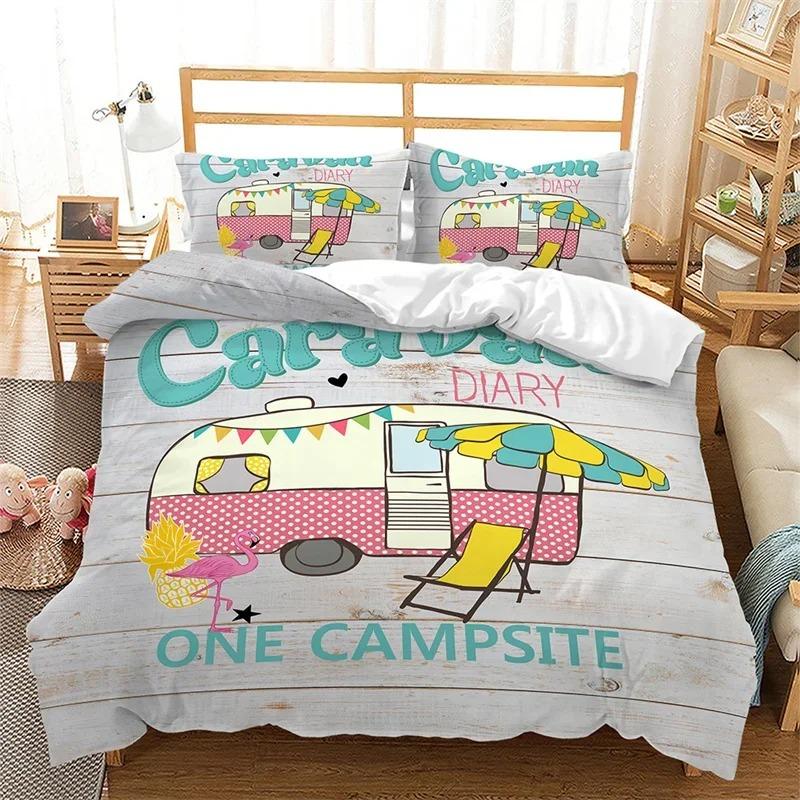 Happy Camping Duvet Cover Microfiber Camping Travel Car Tree Bedding Set Camper Comforter Cover Twin Queen For Boys Girls Teens