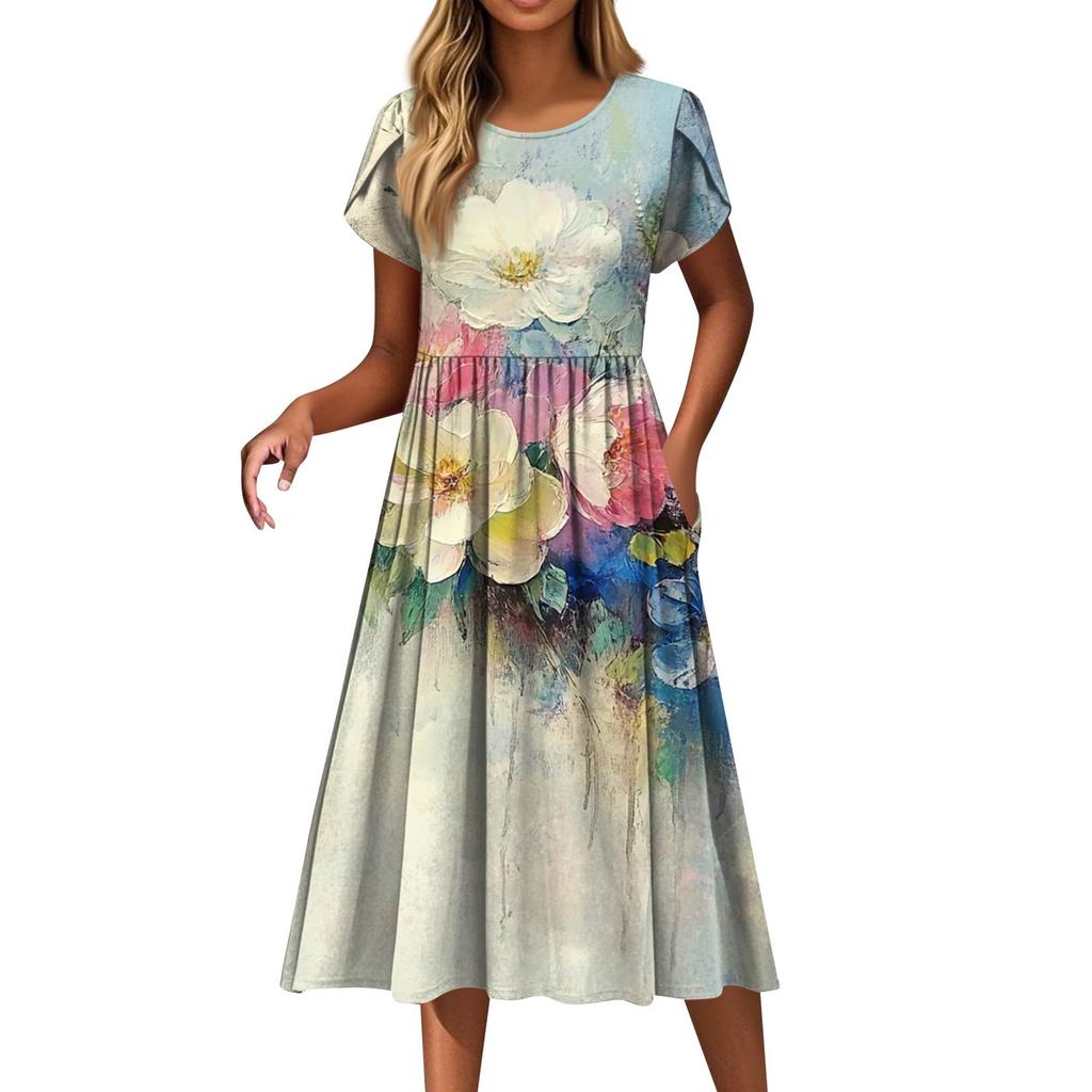 Dámské módní ležérní šaty s volným potiskem s kulatým výstřihem a kapsou s krátkým rukávem