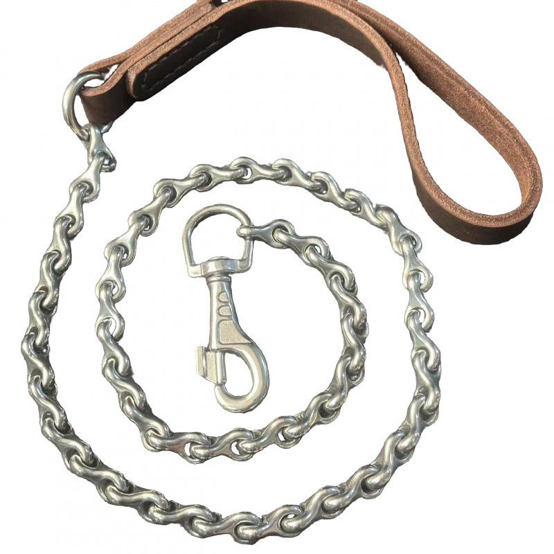 Sturdy Ribbed Chain Cowhide Handle Stainless Steel Anti-Bite Leash for Medium to Large Dogs