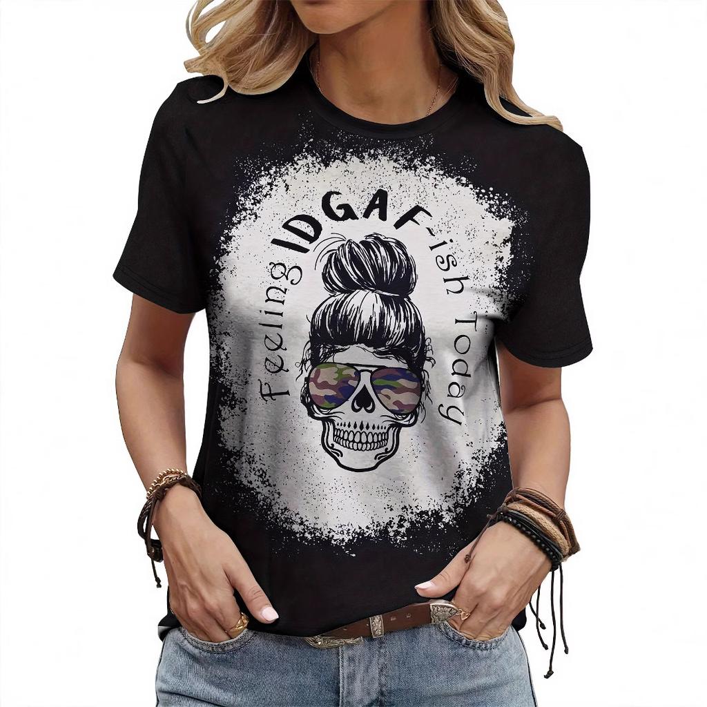 Summer Round Neck 3D Kull Print Top Fashionable Casual Short Sleeved Women's T-shirts