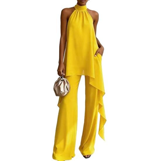 Women's Chiffon 2 Piece Sets, Asymmetrical Halter Sleeveless Tops with Wide Leg Pants Summer Outfits, Casual Vacation Lounge Matching Set