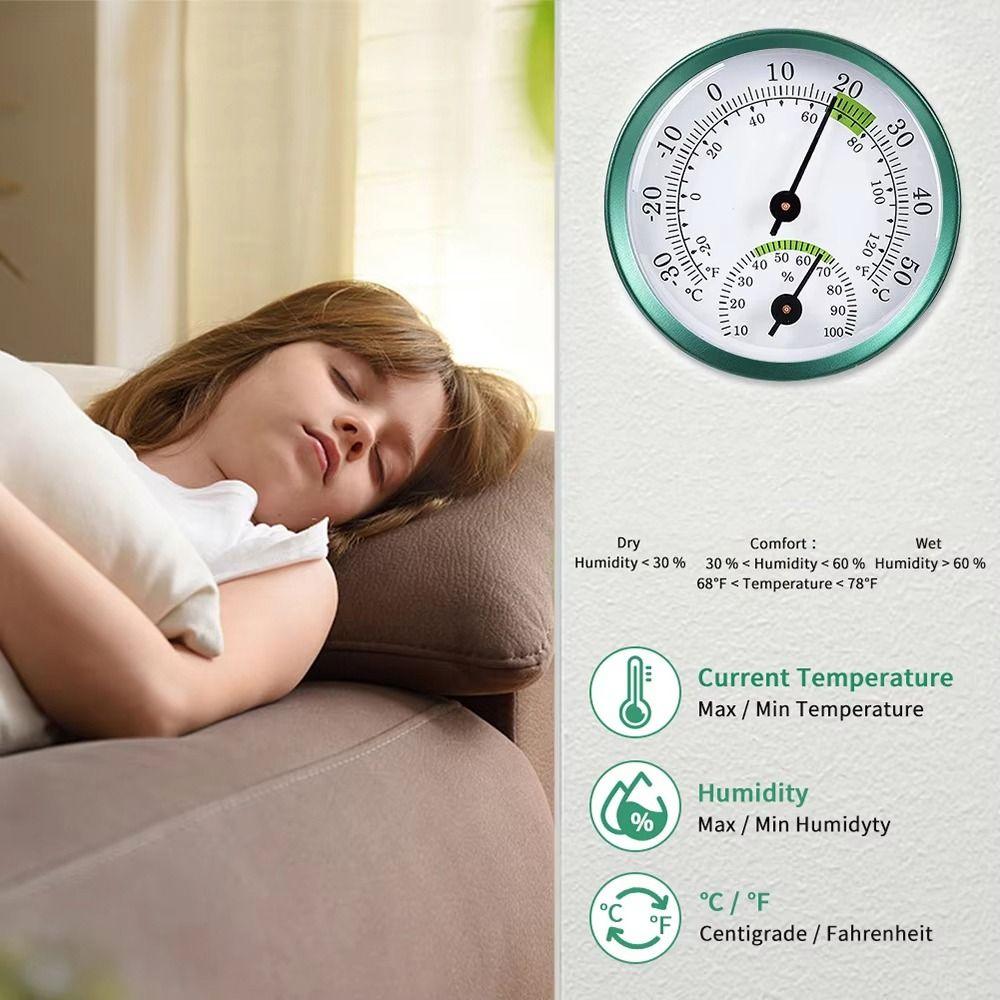 2 in 1 Thermometer Hygrometer Wall-mounted Aluminum Alloy Thermo-Hygrometer Auto Measure No Batteries Required