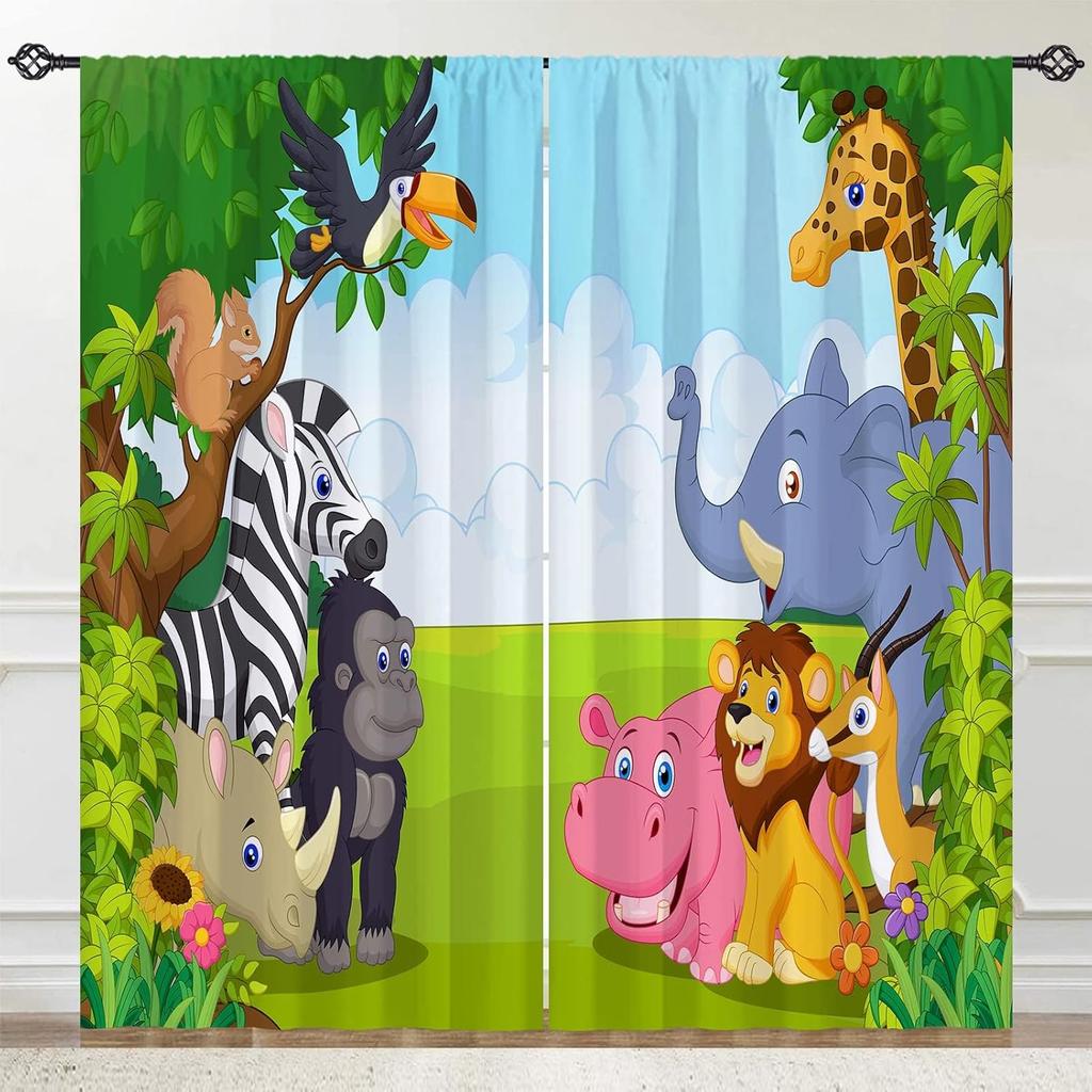 Rod Pocket Kids Animal Jungle Safari Wildlife Elephant Giraffe Lion Print Pattern Privacy Fabric Window Drapes For Boys Bedroom