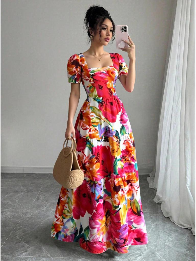 2025 Retro Print Patchwork Long Dress - Elegant European & American Style with Square Neck for Holidays & Dates