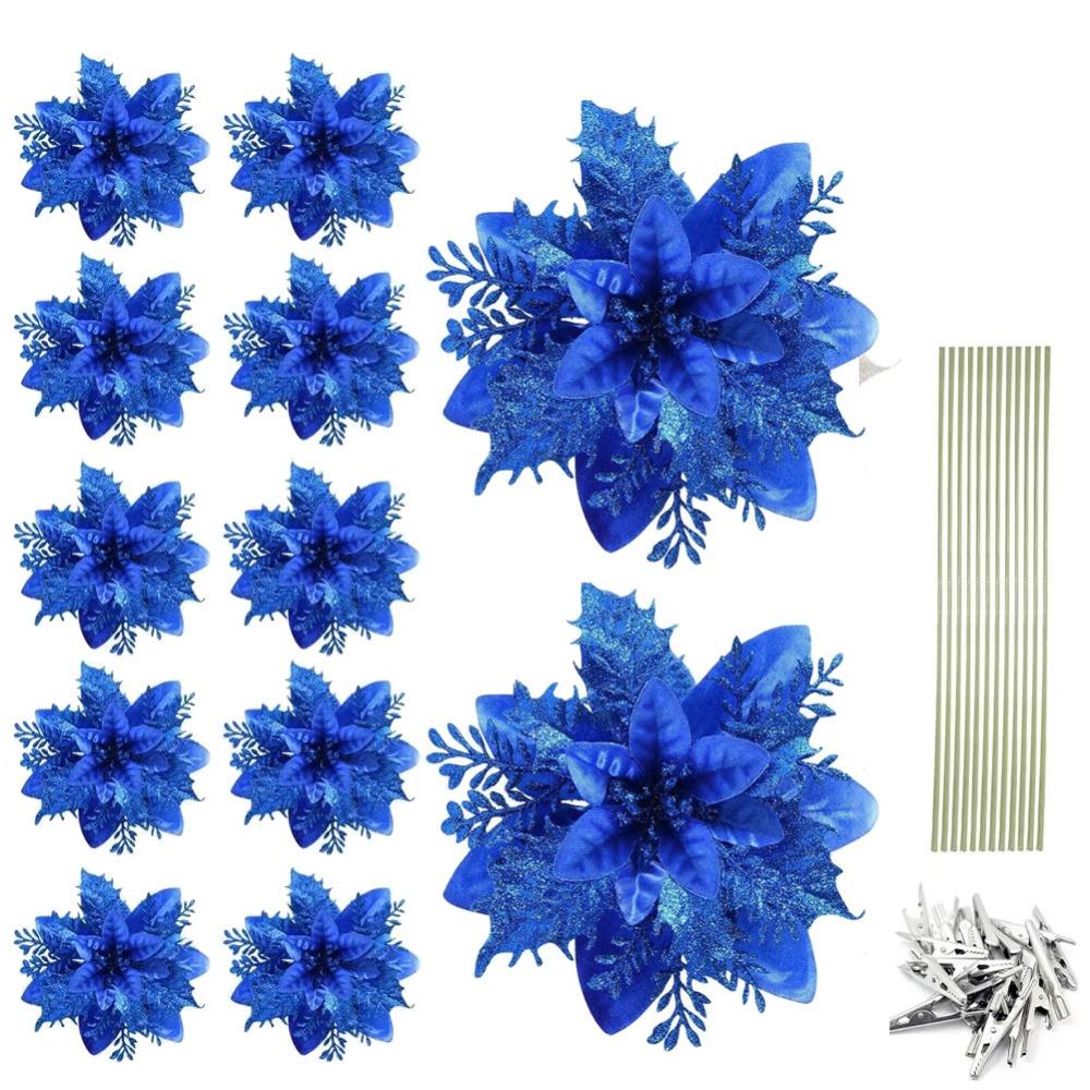 12Pcs With Clips Glitter Xmas Tree Ornaments Multi-color Christmas Floral Decorations  Wedding Decor
