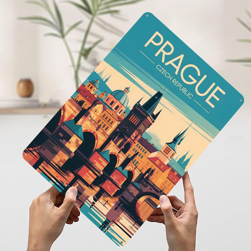 Prague Czech Republic Travel Poster Customized Wall Art Vintage Metal Signs Retro Tin Plaque for Man Cave House Decor Wand Deko