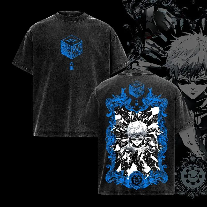 Аниме Магическая битва Годжо Сатору Графическая футболка Мужская Женская Стиранная хлопковая футболка Повседневная свободная одежда Харадзюку Винтажная футболка XXL чёрный
