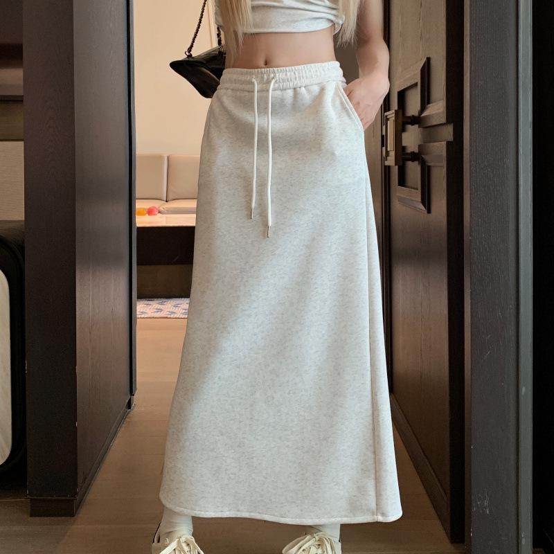 

Юбка миди с разрезом и кулиской на высокой талии - Спортивный повседневный осенне-зимний стиль XL 120-140 lbs белый/серый