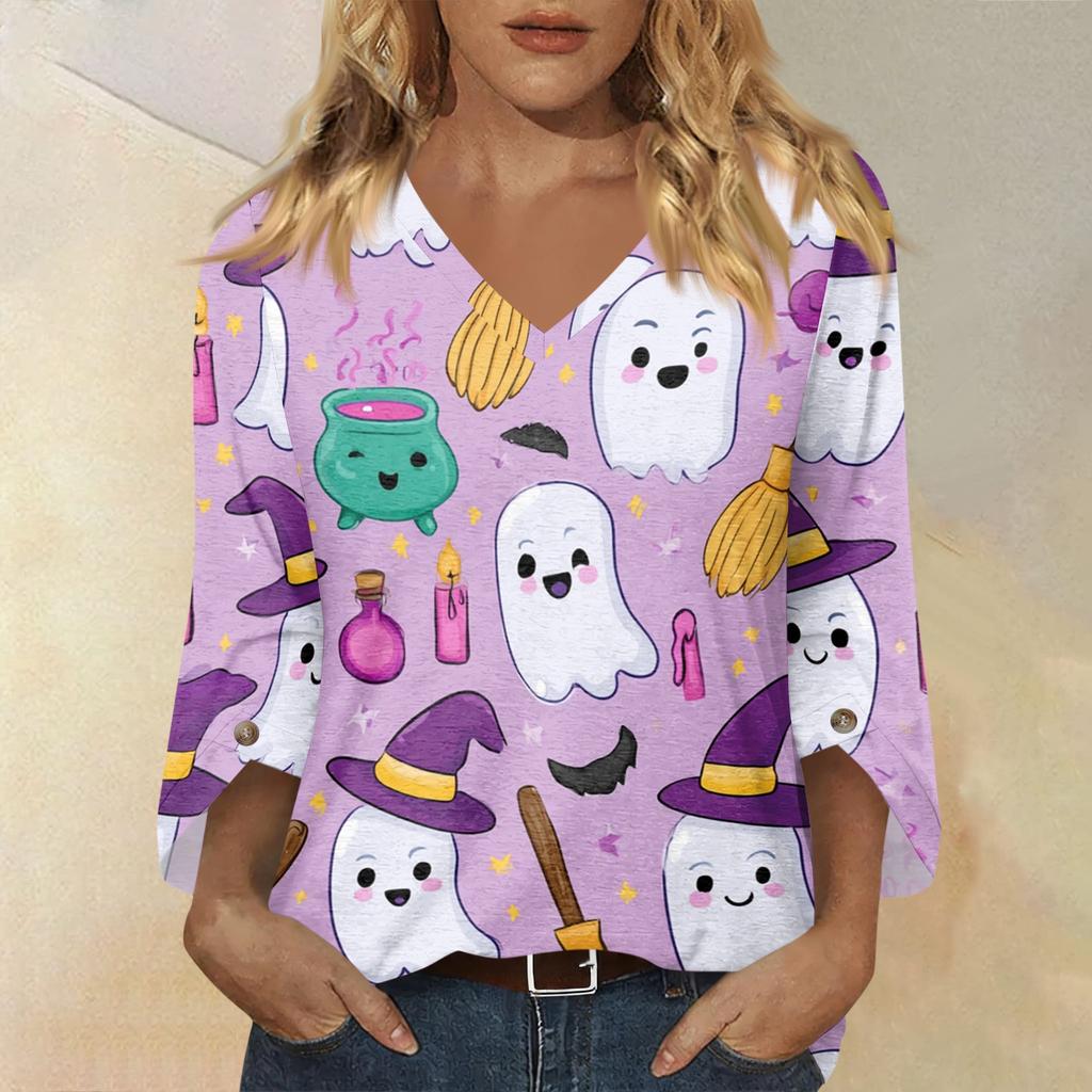 Womens Halloween Print V Neck Three Quarter Sleeve Casual Top Lightweight Loose Fit Pullover Blouse for Autumn and Spring