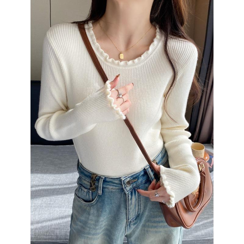 Fungus edge bottoming shirt women's new early autumn inner knitted top autumn and winter crew neck sweater