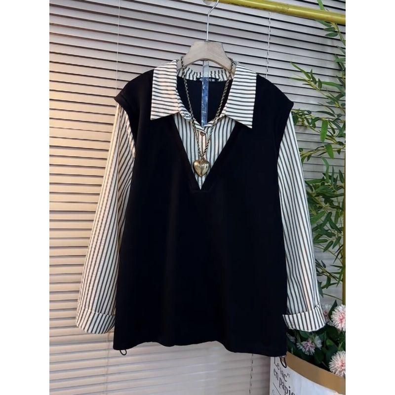Plus Size Women's Clothing 2025 Spring Fake Two Pieces Shirts Tops Female Slim Looking Fat Sister Plus Size Ladies Unique Chic Korean Style