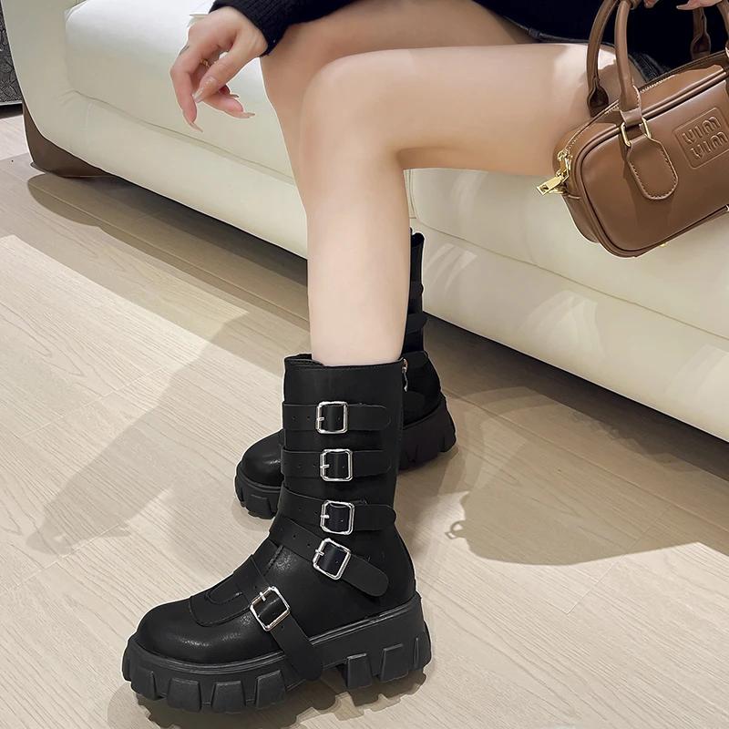 Fashion Women Shoes High Quality Zipper Women's Boots Autumn Round Toe Solid Middle Tube Platform Chunky Heels Large Size Fashion Boots