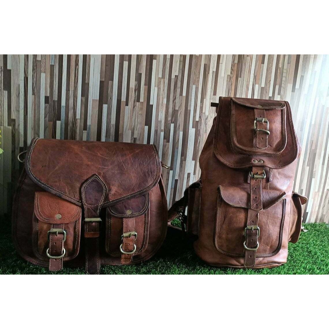 Женский рюкзак с двумя сумками из натуральной винтажной кожи коричневый — фото 2