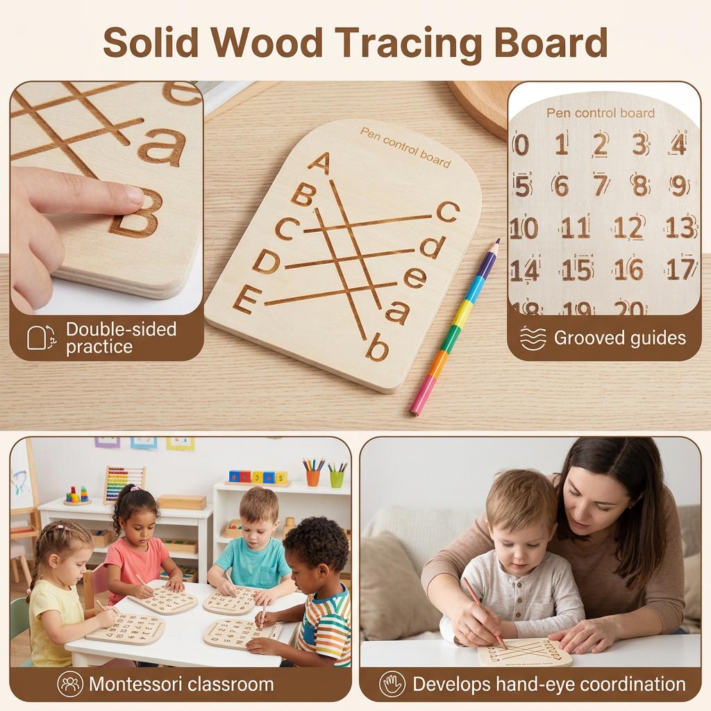 Wooden Double-Sided Alphabet & Number Tracing Board, Grooved Handwriting Practice Toy for Kids, Solid Wood Montessori Educational Toy