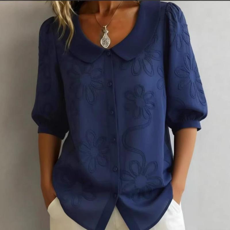 Elegante Camicia Ricamata con Fiori Casual Larga Retro Bottoni Manica Corta Colore Bambola Blusa Casual Monocolore Dolce Moda Ufficio Top Basici